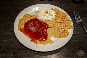 Norvegian waffles, strawberry jam and sour cream